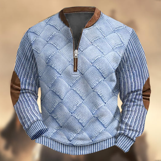 Men's Vintage Western Color Block Knitted Print Zipper Stand Collar Casual Sweatshirt