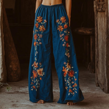 Women's Retro Linen Boho Floral Long Loose Wide-leg Trouser Pants