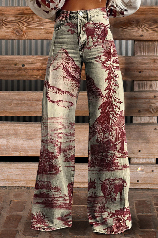 Retro Western Scene Print Wide Leg Pants