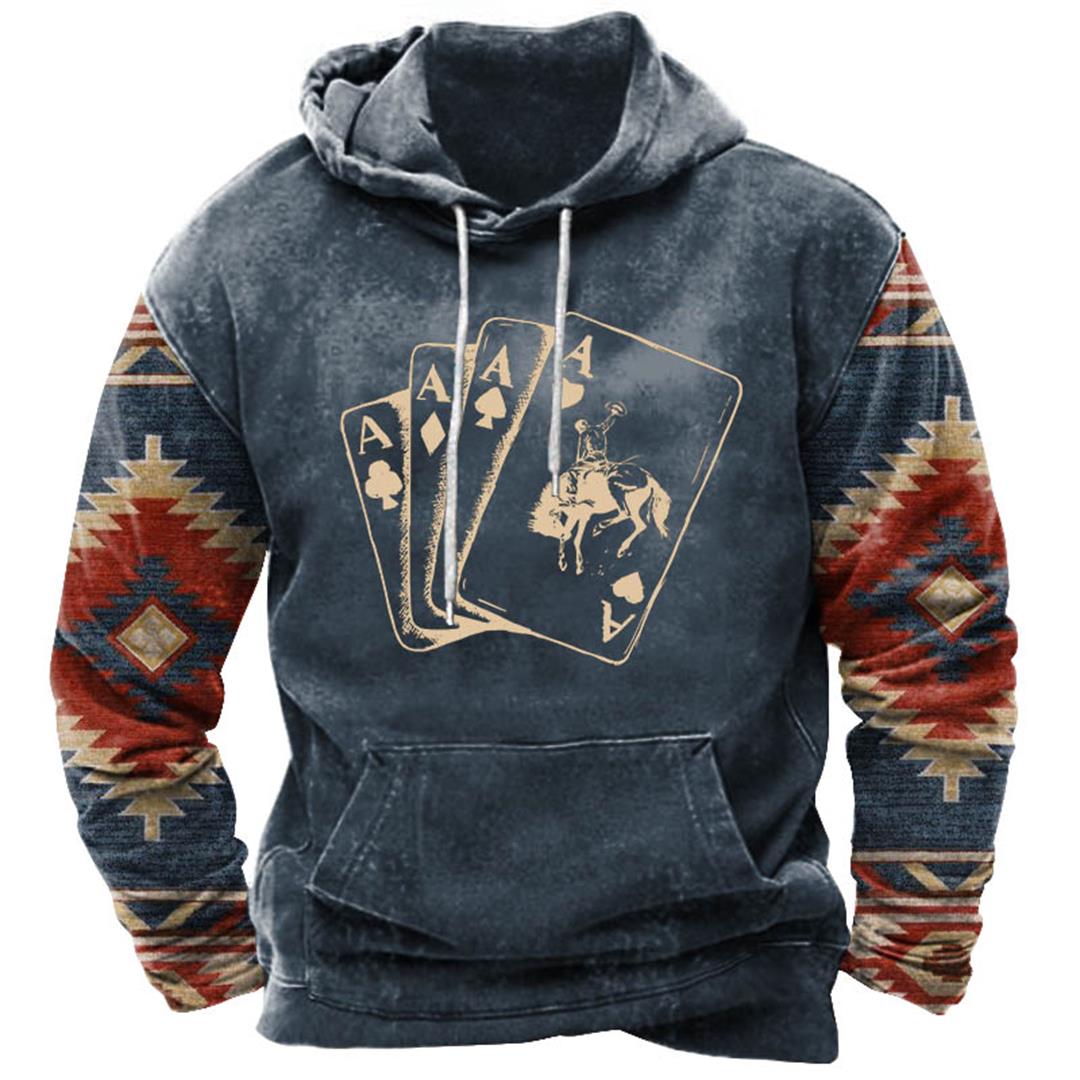 Men's Vintage Ethnic Cowboy Playing Cards Western Print Hoodie