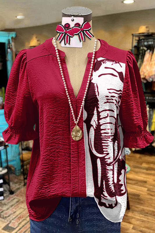 Unique Red Gameday Alabama Puff Sleeve Blouse