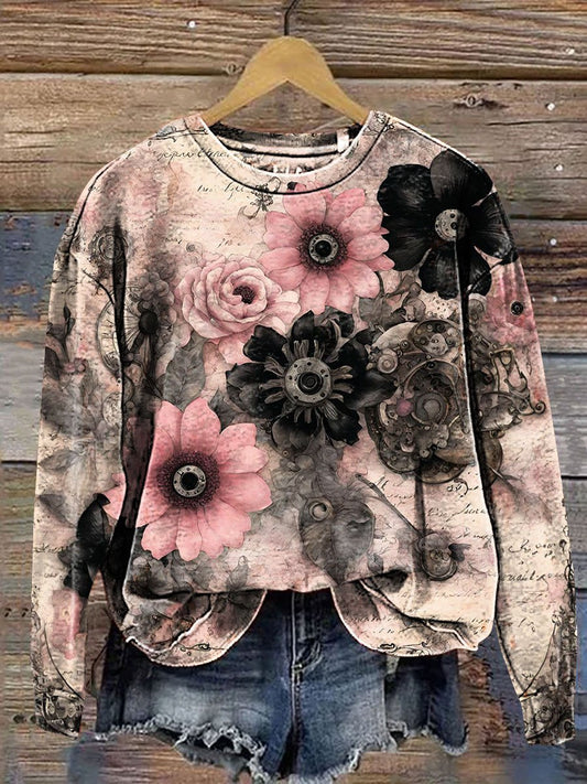 Vintage Floral Steampunk Art Print Casual Sweatshirt