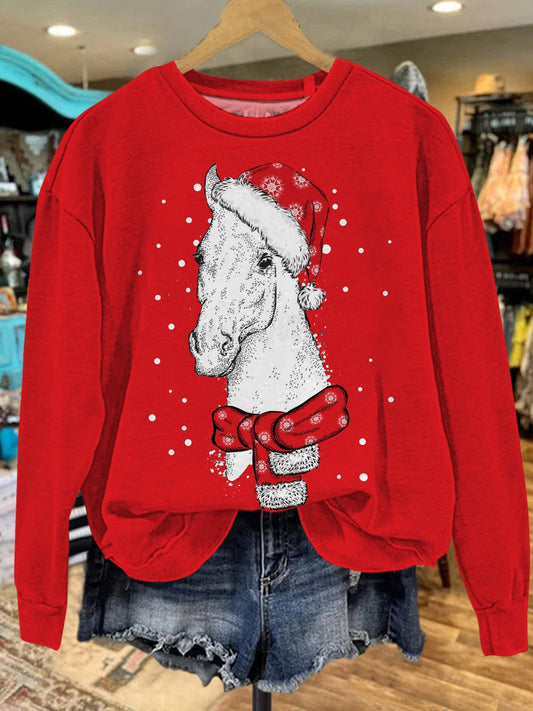 Christmas Horse Print Casual Sweatshirt