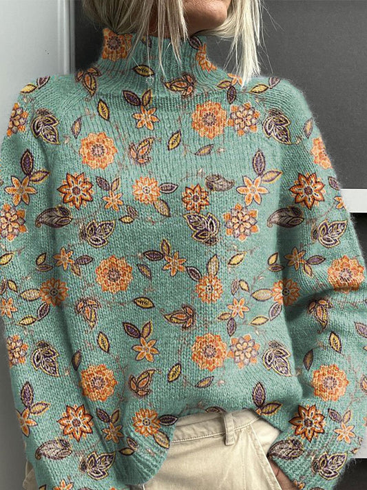 Vintage Floral Art Print Knit Turtleneck Pullover Sweater