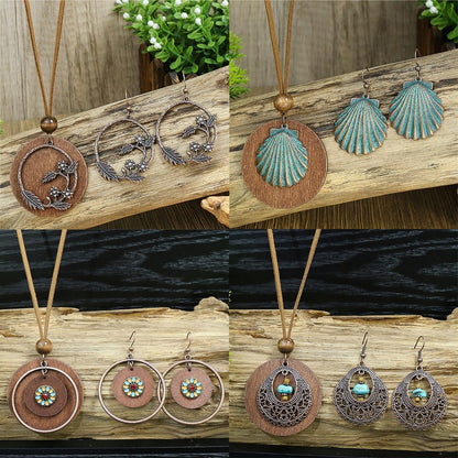 Women's Bohemian Retro Wooden Necklace Earring Set