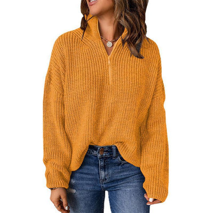 Half Open Collar Long Sleeve Tops Women Autumn And Winter Solid Color Loose High Collar Pullover Sweater