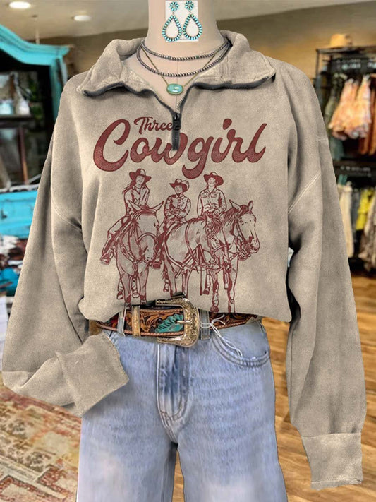 Three Cowgirls Print Casual Long Sleeve Zip Sweatshirt