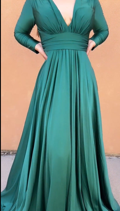 Bohemian Style V-neck Pleated Solid Color Slit Dress