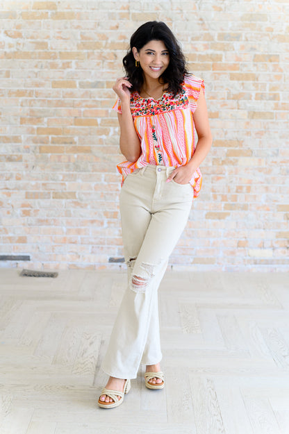 Savannah Jane Orange Blossoms Flutter Sleeve Blouse