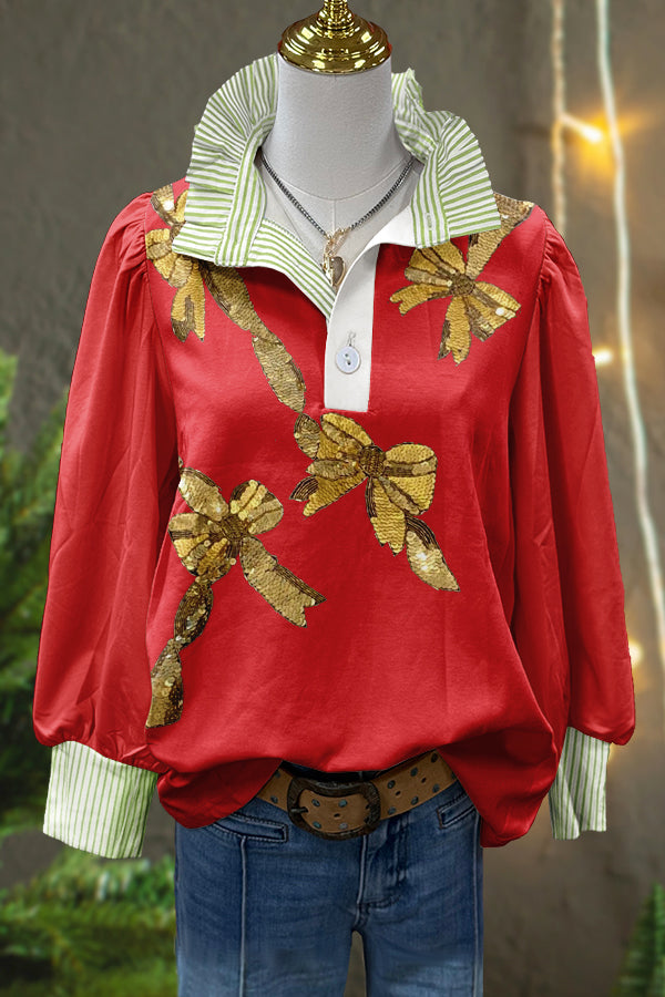 Shiny Christmas Gifts Bow Print Puff Sleeve Blouse