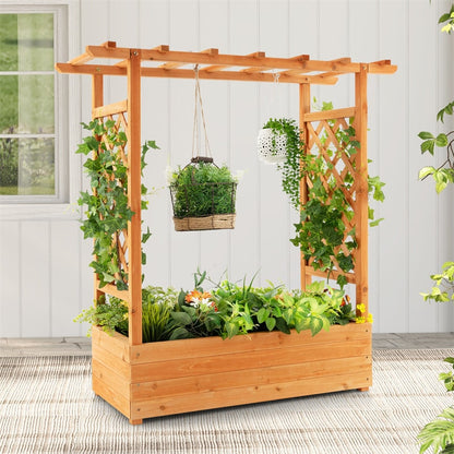 Raised Garden Bed with Arch Trellis Wood Elevated Planter Box with Hanging Roof Drainage Holes Side Trellis for Vine Climbing Plants