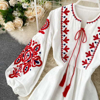 Bohemian Ethnic Style Embroidered Flower Round Neck Lantern Sleeve Long Dress Dresses