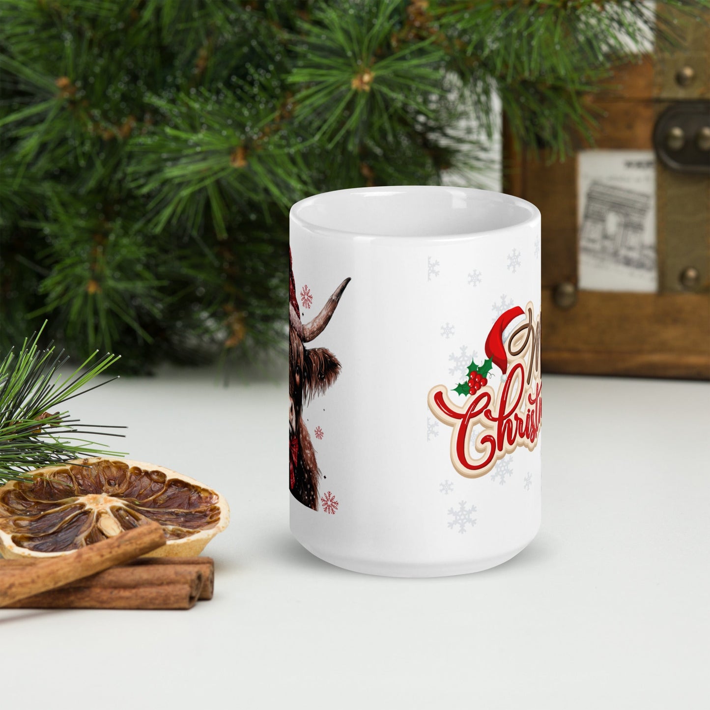 Merry Christmas Highland White Glossy Mug