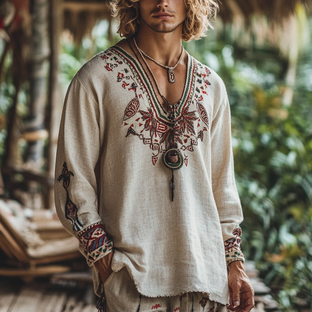 Men's Bohemian Holiday Style Vintage Linen Printed Casual Long Sleeve Top