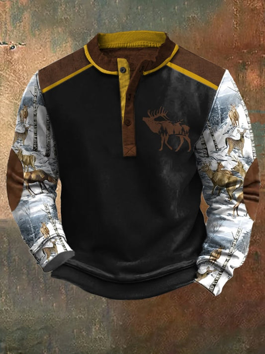 Men's Casual Vintage Contrast Elk Western Sweatshirt