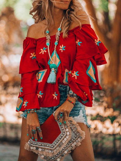 Red Floral-Print Off Shoulder Long Sleeve Shirts & Tops