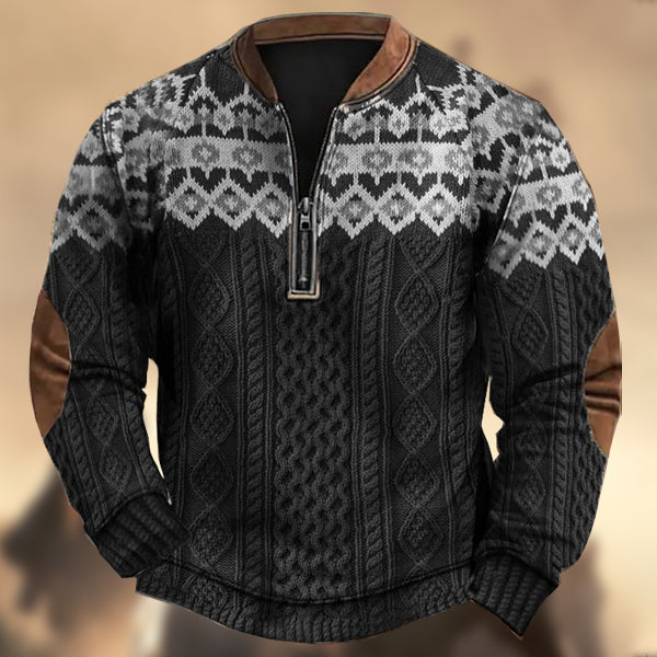 Men's Vintage Western Knit Print Zipper Stand Collar Casual Sweatshirt