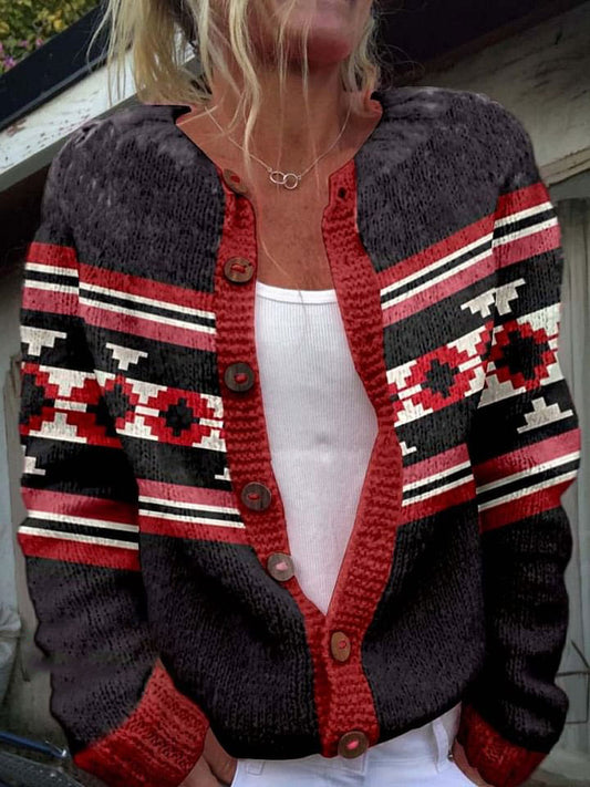 Black and Red Print Buttoned Cardigan Sweater