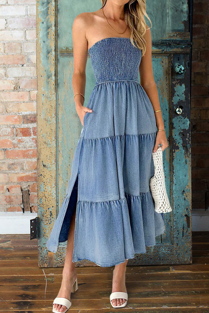 Smocked Bandeau Denim Maxi Dress