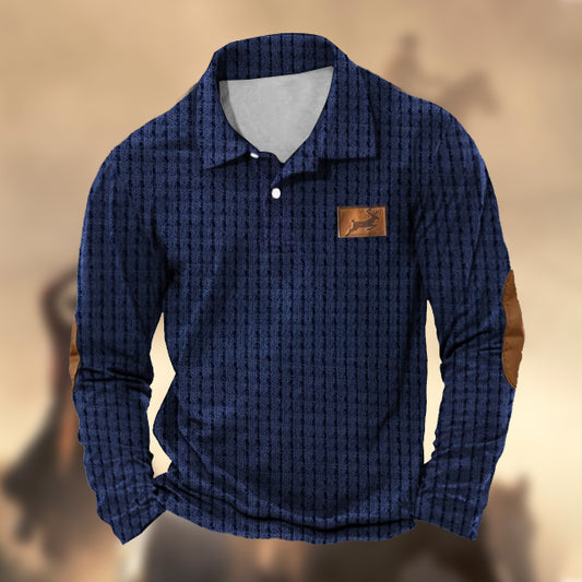 Men's Vintage Country Waffle Polo Shirt Outdoor Elk Hunting Casual Long Sleeve Top