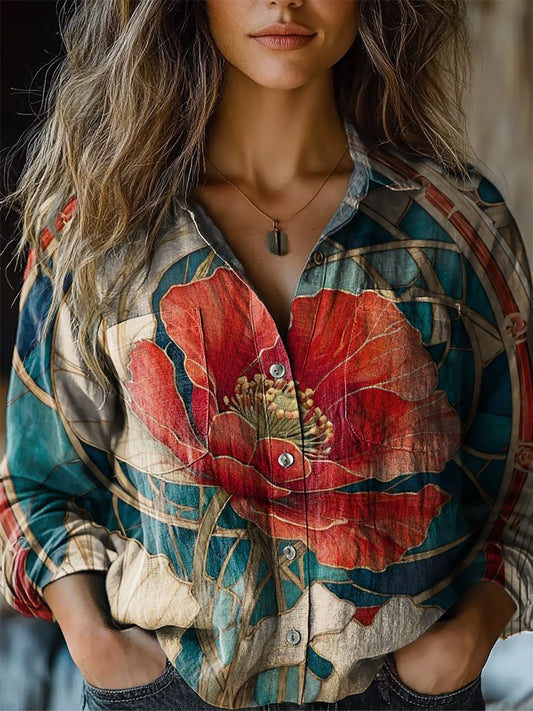 Floral Art Print Casual Long Sleeve Comfortable Cotton Shirt