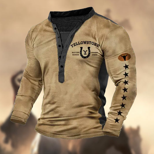 Men's Vintage Western Yellowstone Horseshoe Print Color Block Henley Long Sleeve T-Shirt