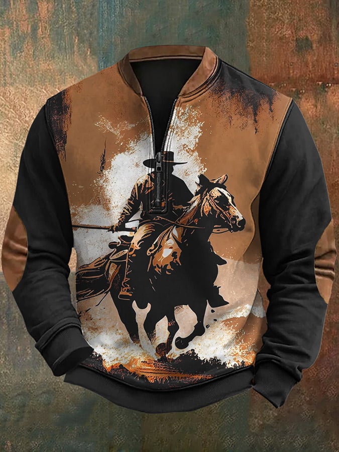 Men's Vintage Western Print Zip-Up Sweatshirt