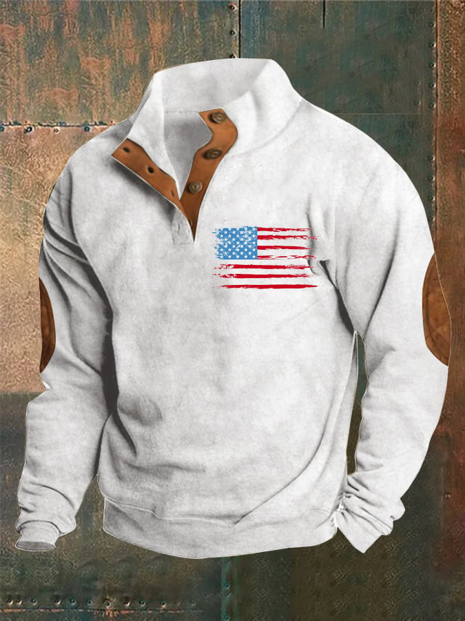 Men's Retro Flag Print Stand Collar Button Sweatshirt