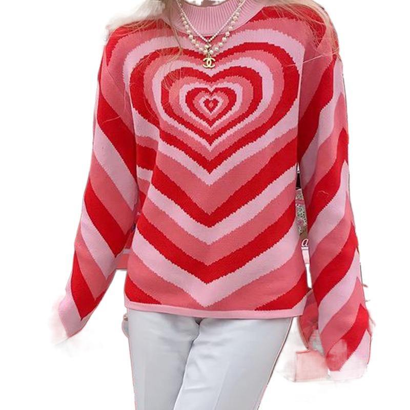 Women's Colorblock Love Heart Sweater Retro Sweetheart Half Turtleneck Slim Fit Pullover Long Sleeve Knitted Cardigan Wo