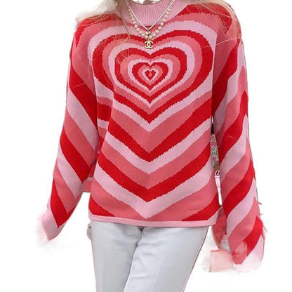 Women's Colorblock Love Heart Sweater Retro Sweetheart Half Turtleneck Slim Fit Pullover Long Sleeve Knitted Cardigan Wo