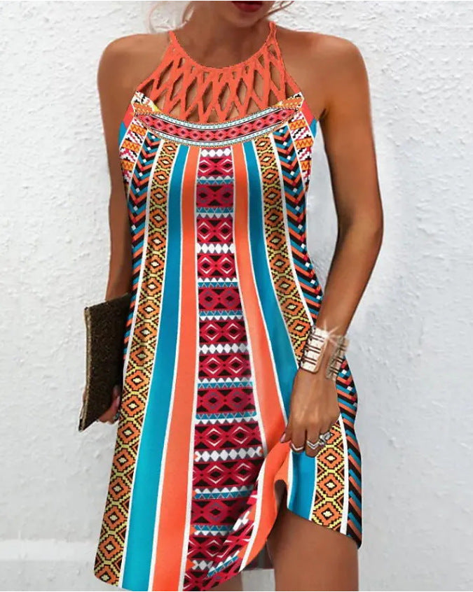 Tribal Print Hollow Out Cold Shoulder Dress