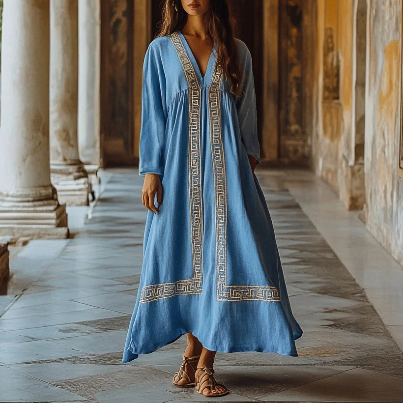 Greek Key Print V-Neck Loose Long Dress