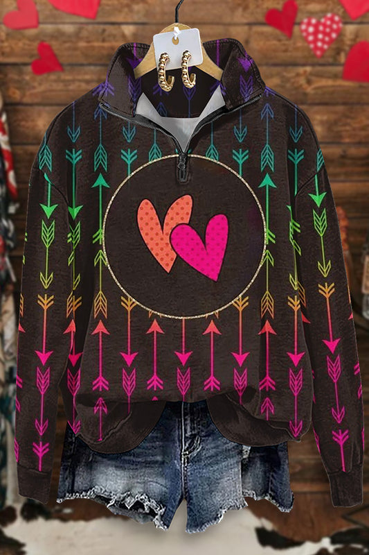 Vintage Heart Arrow Print Zipper Sweatshirt