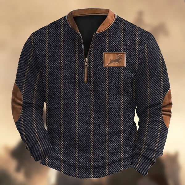 Men's Vintage Country Elk Logo Twill Zip Up Collar Sweatshirt