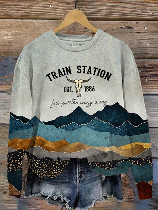 Women's Western Train Station Est. 1886 Let's Put The Crazy Away Art Print Crew Neck Sweatshirt