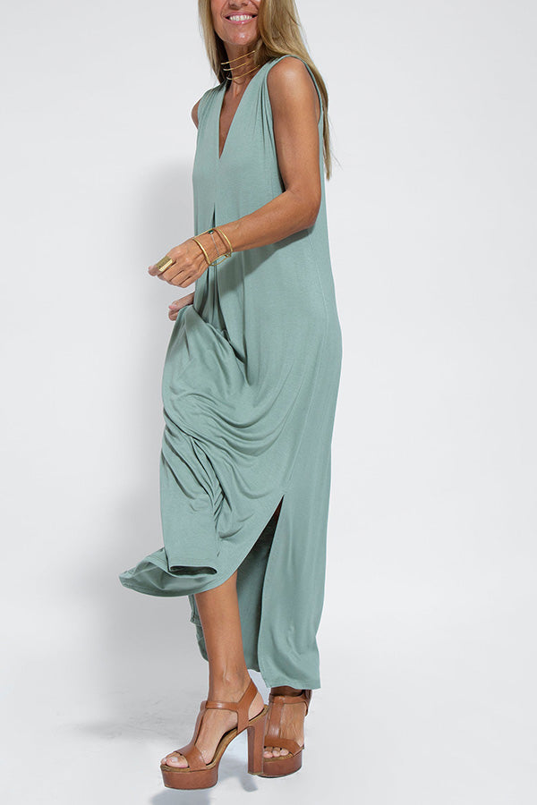 Elegant Is Eternal Knit Solid Color Sleeveless Slit Maxi Dress