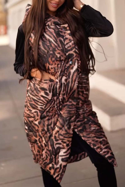 Women's Fashion Hooded Animal Print Mid-Length Sleeveless Cotton Coat