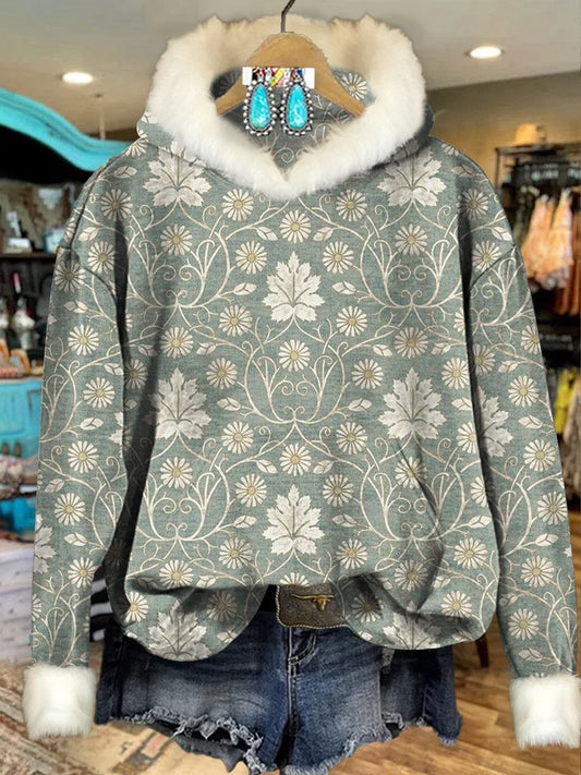 Light Green Vintage Flowers Print Imitation Rabbit Fur Trim Casual Hoodie Sweatshirt