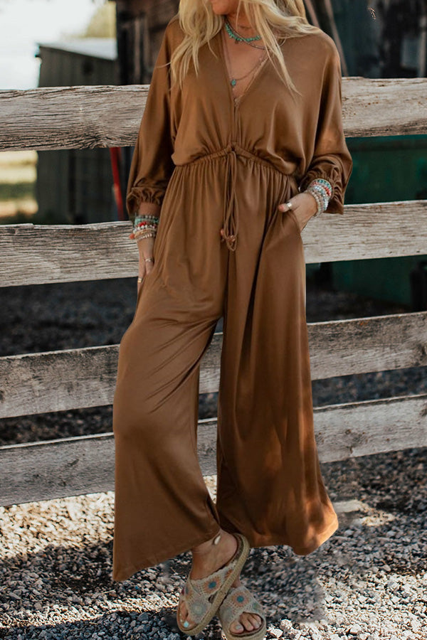 Loose Flattering Long Sleeves Deep V-Neck Jumpsuit