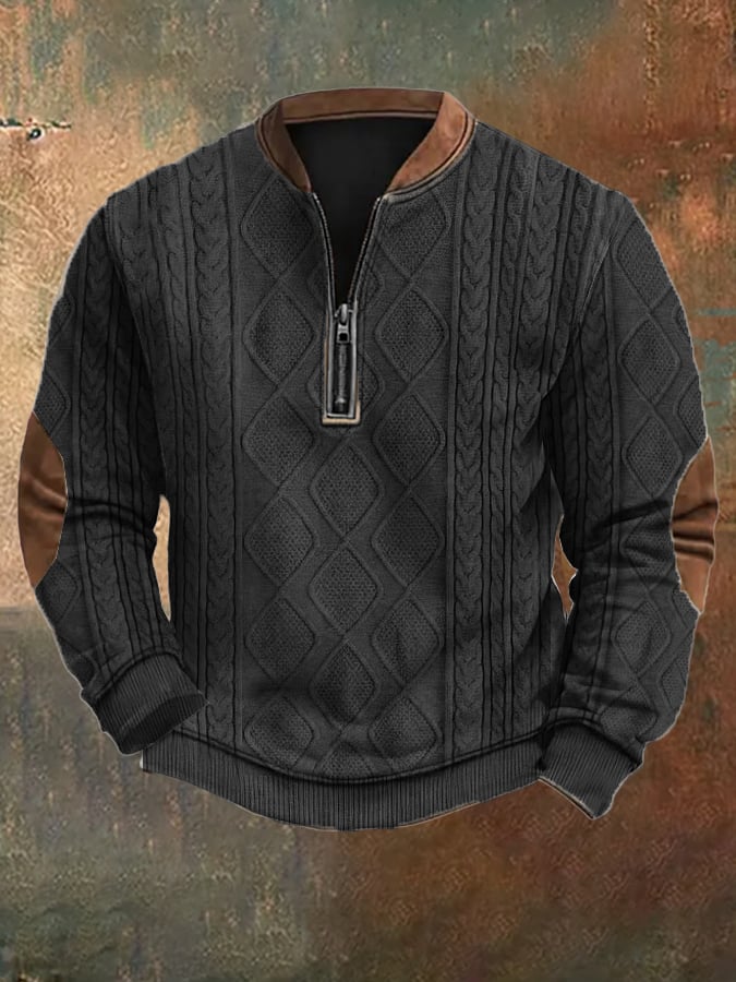 Men's Vintage Knit Print Zip-Up Sweatshirt