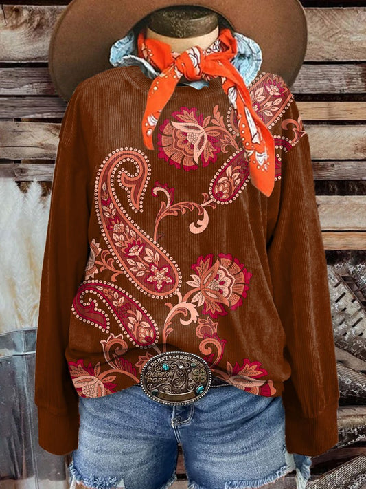 Women's Vintage Cowboy Casual Print Corduroy Sweatshirt