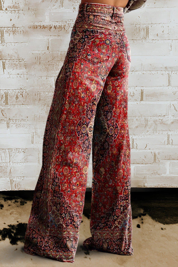 Vintage Art Print Casual Wide Leg Pants