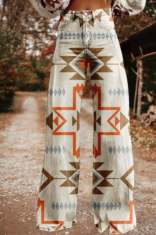 Retro Western Aztec Print Wide Leg Pants