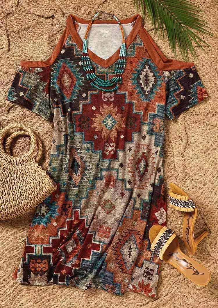 Aztec Geometric Cold Shoulder Mini Dress