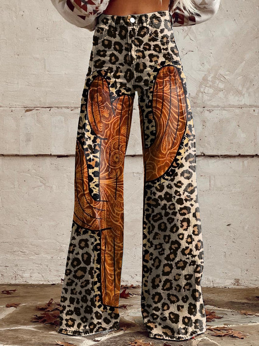 Women's Vintage Leopard Cactus Print Casual Wide Leg Pants