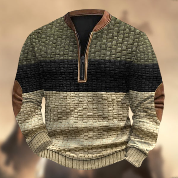 Men's Vintage Waffle Patchwork Print Zipper Stand Collar Casual Sweatshirt