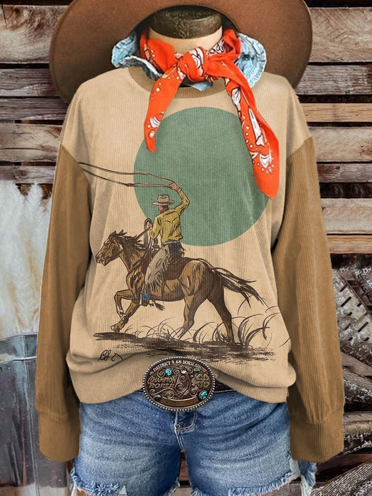 Women's Vintage Cowboy Art Print Corduroy Sweatshirt