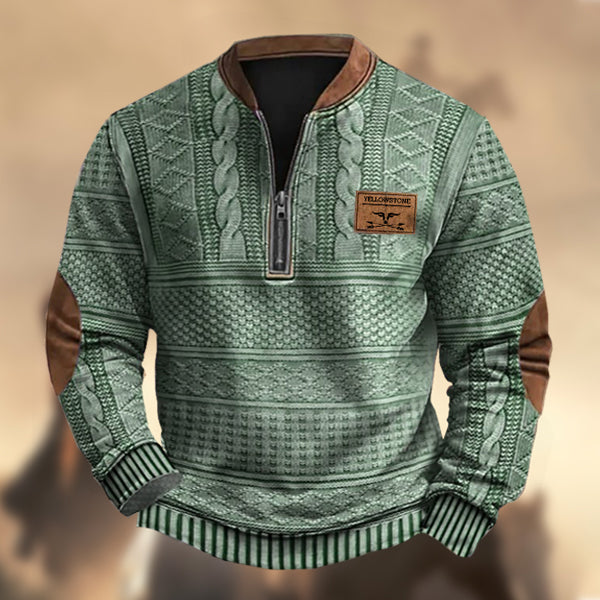 Men's Vintage Western Yellowstone Knit Print Zipper Stand Collar Casual Sweatshirt