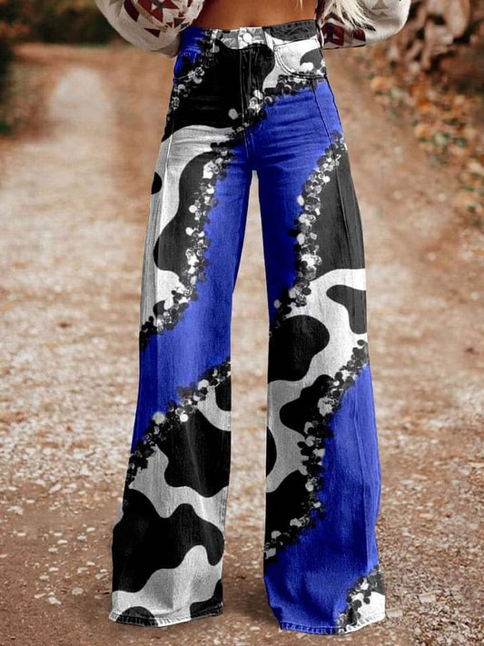 Women's Blue Animal Pattern Print Casual Wide Leg Pants