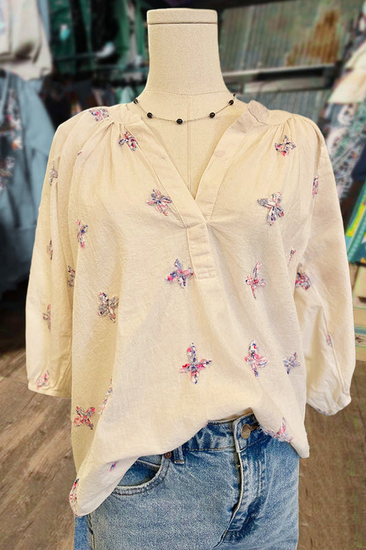 Flower Embroidered V-Neck Top